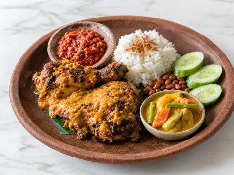 Representative Indonesian ayam percik grilled chicken with coconut rice, sambal, cucumber, peanuts, and vegetable curry selected for Artha Rini