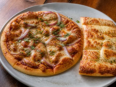 Representative a halal barbecue chicken pizza with red onion and cilantro beside cheesy bread selected for Baba's Pizza