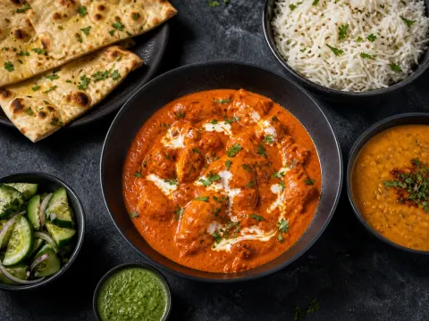 Representative Indian butter chicken with garlic naan, jeera rice, dal, cucumber salad, and mint chutney selected for Bombay Bistro