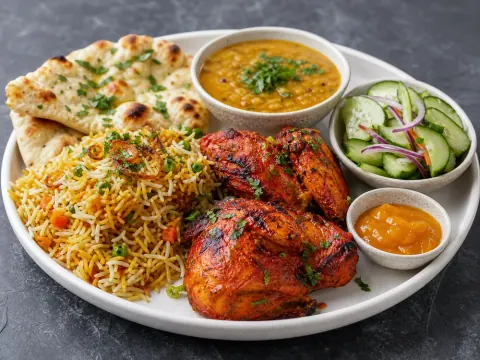 Representative tandoori chicken with vegetable biryani, dal, garlic naan, cucumber salad, and mango chutney selected for Bombay Tandoor