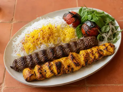 Representative a Persian koobideh and joojeh kabob platter with basmati rice, sumac, grilled tomato, and herbs selected for Caspian Kabob