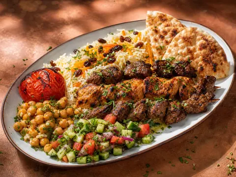 Representative charcoal-grilled chicken and lamb kabobs with Afghan rice, roasted tomato, chickpeas, salad, and naan selected for Charcoal Kabob