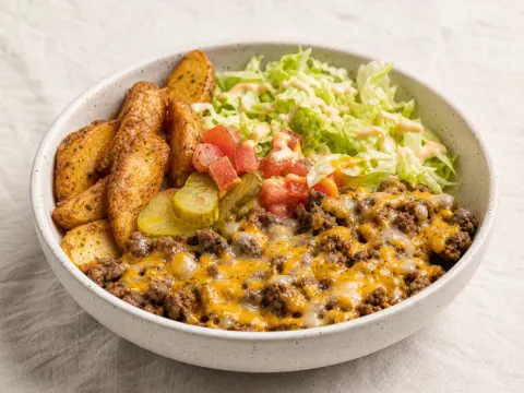 Representative a halal chopped cheeseburger bowl with griddled beef, melted cheese, lettuce, tomato, pickles, and seasoned potato wedges selected for CHAR'D (T Street NW)