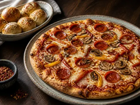 Representative a halal beef pepperoni pizza with roasted peppers, mushrooms, bubbling mozzarella, and garlic knots selected for Citi Pizza