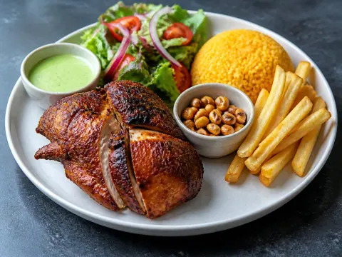 Representative Peruvian charcoal rotisserie chicken with yellow rice, fries, salad, green aji sauce, and roasted corn selected for Cocorico