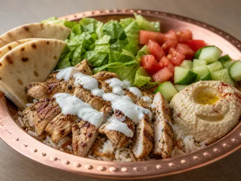 Representative a grilled chicken rice and pita bowl with lettuce, tomato, cucumber, hummus, and garlic sauce selected for DC Tasty Corner