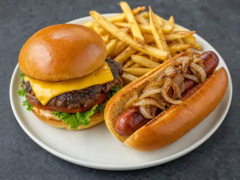 Representative a halal beef hot dog in a brioche bun with grilled onions beside a cheeseburger and crispy fries selected for Dog Haus