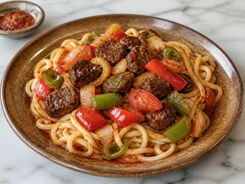 Representative Uyghur laghman hand-pulled noodles with halal beef, bell peppers, tomato, onions, and chili oil selected for Eerkin's Uyghur Cuisine