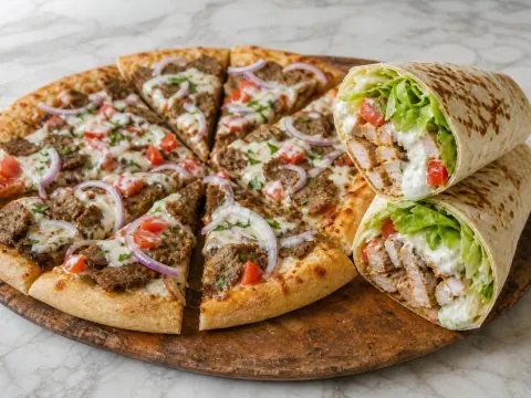 Representative a sliced gyro pizza beside a grilled chicken wrap with lettuce, tomato, and garlic sauce selected for Georgetown Pizza & Grill