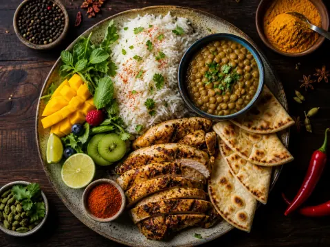 Representative an international market food display with tropical fruit, leafy greens, rice, lentils, flatbread, spices, and neatly presented halal poultry selected for Grand Mart International