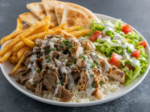 Representative a halal lamb-and-chicken rice platter with seasoned fries, chopped lettuce, tomato, pita, and white sauce selected for Halal Munchies