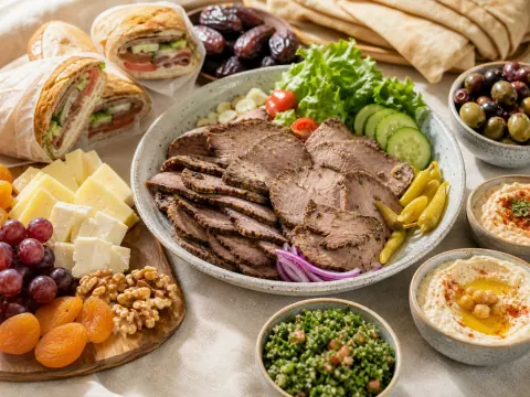 Representative a halal supermarket deli spread with sliced roast meats, prepared sandwiches, olives, cheeses, flatbread, dates, and fresh produce selected for Halalco Supermarket