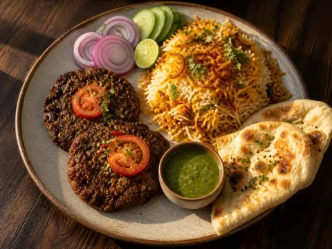 Representative a Pakistani chapli kebab and biryani plate with chutney, onions, cucumber, and warm naan selected for Hinzi's Kitchen