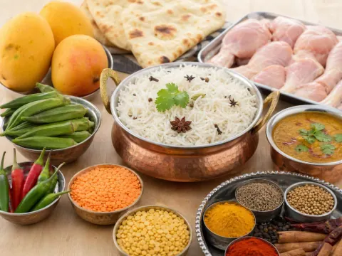 Representative a South Asian grocery food display with basmati rice, lentils, mangoes, okra, chilies, naan, spices, and neat trays of halal chicken selected for Indus Foods