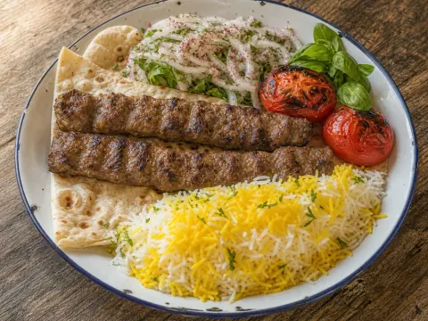 Representative Persian koobideh kabob with saffron rice, grilled tomato, basil, onions, sumac, and flatbread selected for Kabob Bazaar