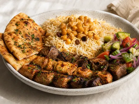 Representative an Afghan mixed kabob platter with lamb tikka, chicken kabob, qabuli rice, chickpeas, naan, and salad selected for Kabob Palace