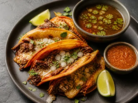 Representative halal beef birria tacos with melted cheese, onions, cilantro, lime, salsa, and consommé selected for La Tingeria