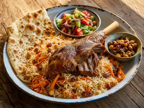 Representative Afghan qabuli palaw with tender lamb shank, carrots, raisins, chickpeas, salad, and naan selected for Maiwand Kabob