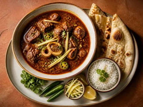 Representative Pakistani beef nihari with ginger, cilantro, lemon, green chilies, naan, and a small rice side selected for Mehran Restaurant