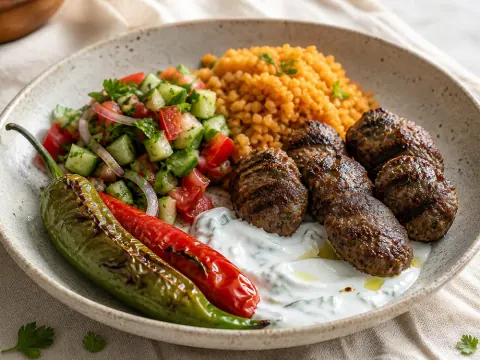 Representative Turkish kofte meatballs with bulgur pilaf, shepherd salad, grilled peppers, and yogurt sauce selected for Moda Cafe & Restaurant