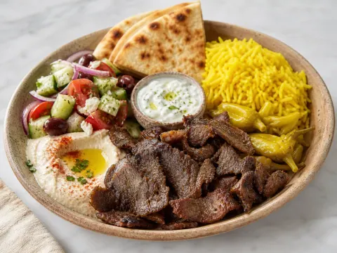 Representative a lamb gyro platter with yellow rice, Greek salad, hummus, pita, tzatziki, and pickled peppers selected for Naz Halal