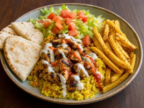 Representative a grilled chicken-over-rice bowl with lettuce, tomato, pita, white sauce, hot sauce, and seasoned fries selected for Naz Halal Grill