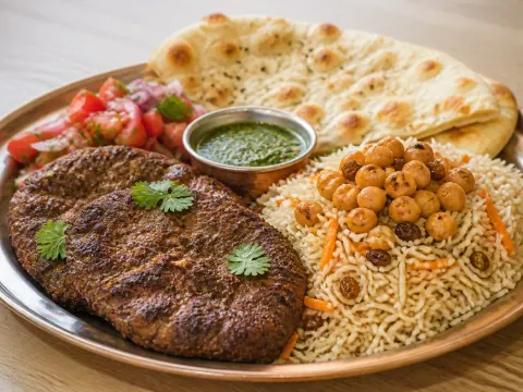 Representative Afghan chapli kabab with Kabuli rice, chickpeas, tomato salad, mint chutney, and naan selected for Pamir Kabob House