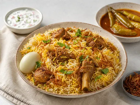 Representative Hyderabadi mutton biryani with mirchi ka salan, raita, boiled egg, fried onions, and herbs selected for Pista House