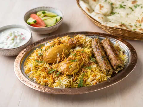 Representative Pakistani chicken biryani with seekh kabob, raita, cucumber salad, and fresh naan selected for Rawal Kabob
