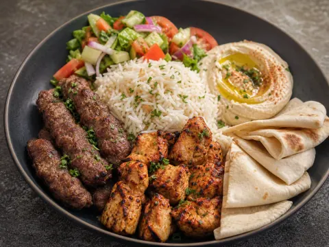 Representative a Middle Eastern mixed grill with lamb kofta, chicken tawook, rice, hummus, salad, and pita selected for Safa Halal
