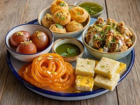 Representative an Indian chaat and sweets spread with samosa chaat, pani puri, jalebi, gulab jamun, barfi, and mint chutney selected for Sangam Chaat & Sweets