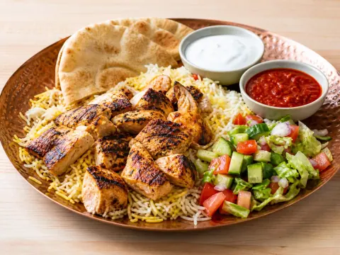 Representative a chicken-over-rice platter with chopped salad, pita, white sauce, and red chili sauce selected for Shah's Halal Food