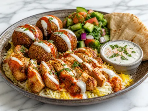 Representative a falafel and chicken combo over rice with chopped salad, pita, white sauce, and spicy red sauce selected for Shah's Halal Food (Springfield)