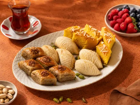 Representative Azerbaijani pakhlava, shekerbura pastries, saffron cake, berries, and black tea selected for Sharbat Bakery & Café