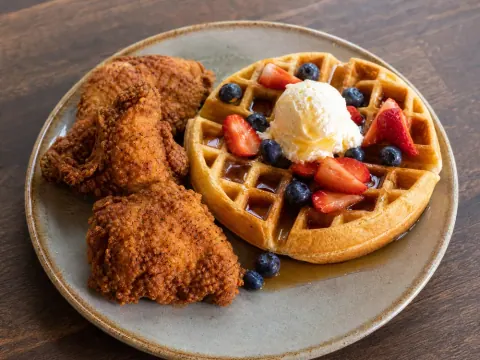 Representative classic halal fried chicken and a Belgian waffle with maple syrup, whipped butter, strawberries, and blueberries selected for Southern Style Chicken & Waffle (Manassas)