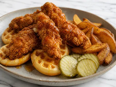 Representative spicy halal fried chicken tenders over mini waffles with honey drizzle, pickles, and seasoned potato wedges selected for Southern Style Chicken & Waffle (Springfield)
