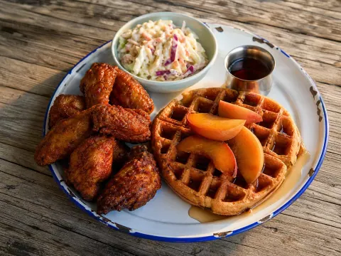 Representative halal chicken wings with a cinnamon waffle, maple syrup, peach slices, and creamy coleslaw selected for Southern Style Chicken & Waffle (Woodbridge)