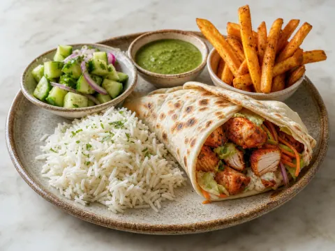 Representative a tandoori chicken naan wrap with basmati rice, cucumber salad, mint chutney, and masala fries selected for Spice 6