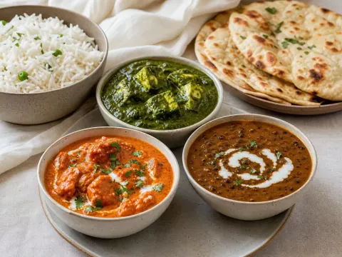 Representative an Indian curry trio of chicken tikka masala, dal makhani, and palak paneer with basmati rice and naan selected for Spice Xing