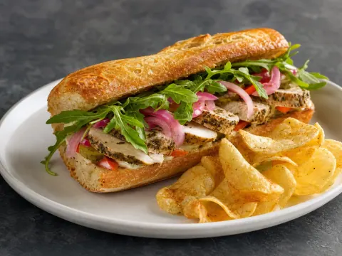 Representative a toasted baguette sandwich filled with herb-roasted chicken, pickled vegetables, arugula, and crisp potato chips selected for SUNdeVICH