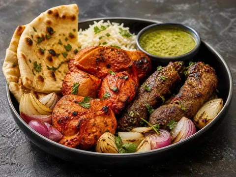 Representative an Indian tandoori mixed grill with chicken tikka, seekh kabob, roasted onions, naan, rice, and mint chutney selected for Tandoori Nights