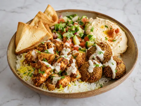 Representative a halal chicken and falafel rice bowl with chopped salad, hummus, pita chips, and white sauce selected for The Halal Shack