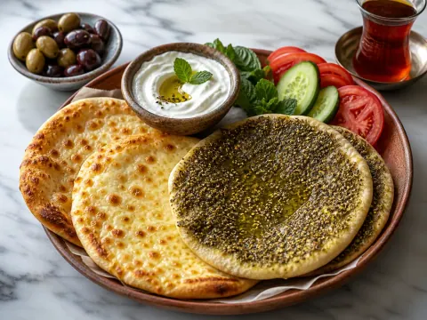 Representative fresh zaatar and cheese manoushe flatbreads with labneh, olives, cucumber, tomato, mint, and tea selected for Z & Z Manoushe Bakery