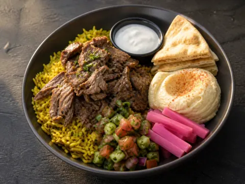 Representative a beef shawarma plate with turmeric rice, hummus, chopped salad, pickled turnips, pita, and garlic sauce selected for Zaytoun Halal Grill